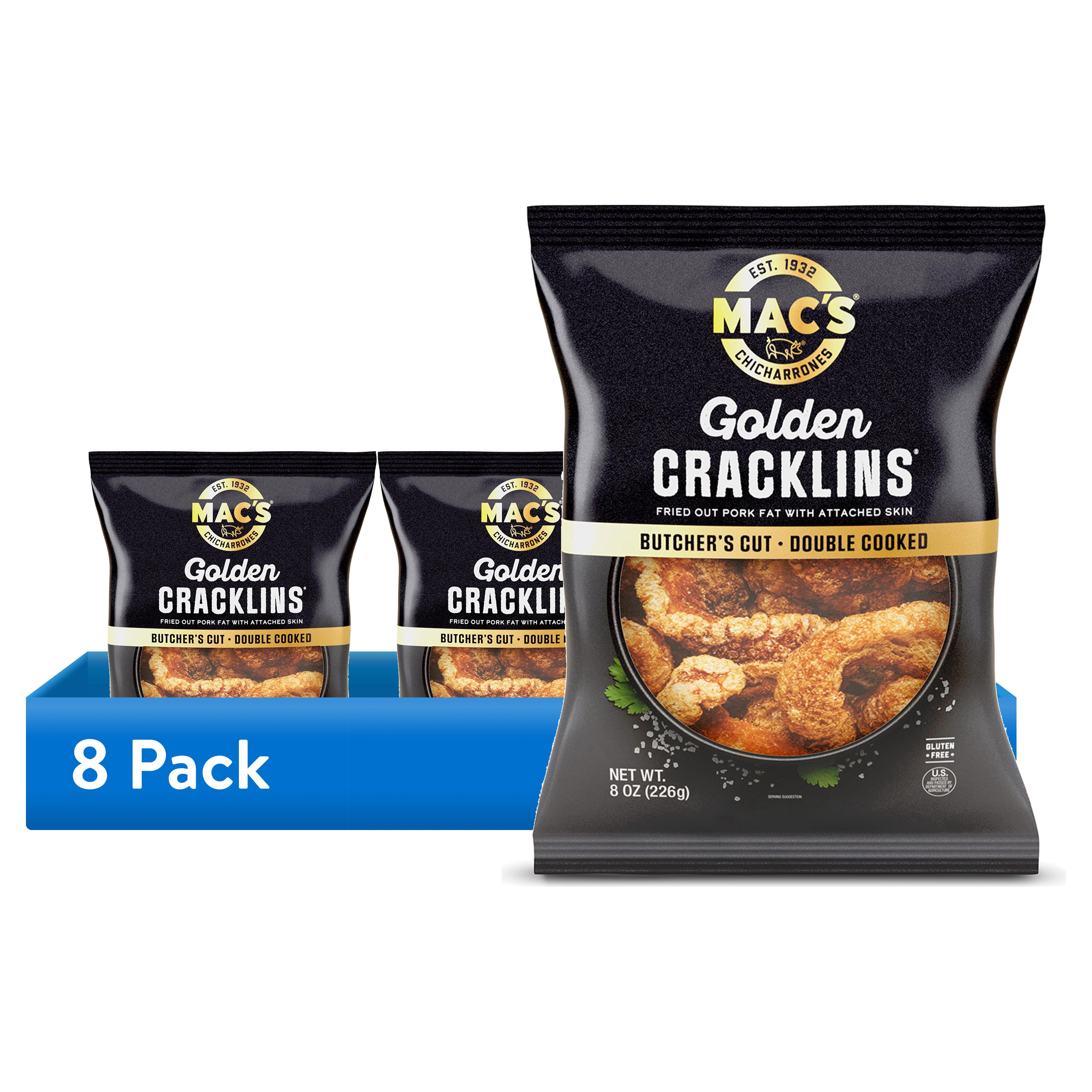 (8 pack) Mac's Chicharrones Golden Pork Cracklins, Fried Pork Fat with Skin, 8 oz Bag