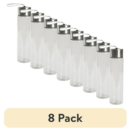 (8 pack) Mainstays 18 oz Plastic Clear Water Bottle with Stainless Steel Screw Cap Lid and Strap, 1 Each Included