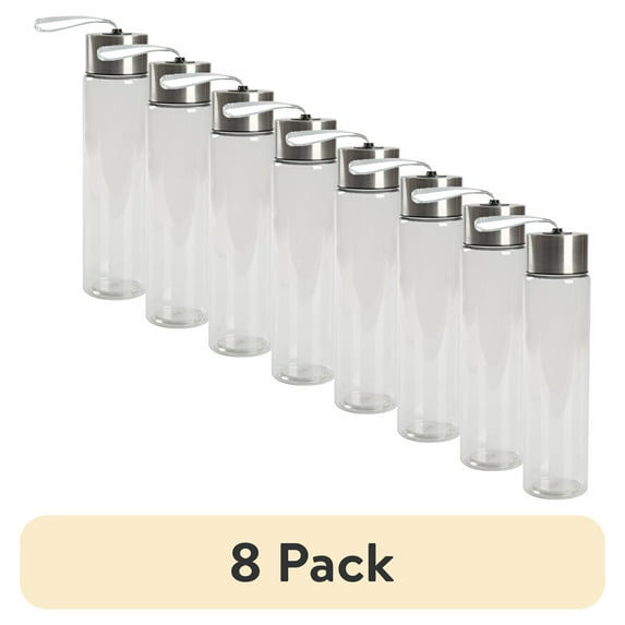 (8 pack) Mainstays 18 oz Plastic Clear Water Bottle with Stainless Steel Screw Cap Lid and Strap, 1 Each Included