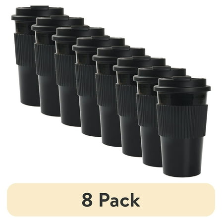 (8 pack) Mainstays 18oz Rich Black Plastic Travel Coffee Cup with Lid