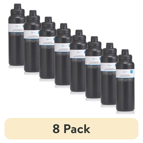 (8 pack) Mainstays 40 fl oz Insulated Stainless Steel Water Bottle, Narrow Mouth,Flip-Top Lid, Rich Black