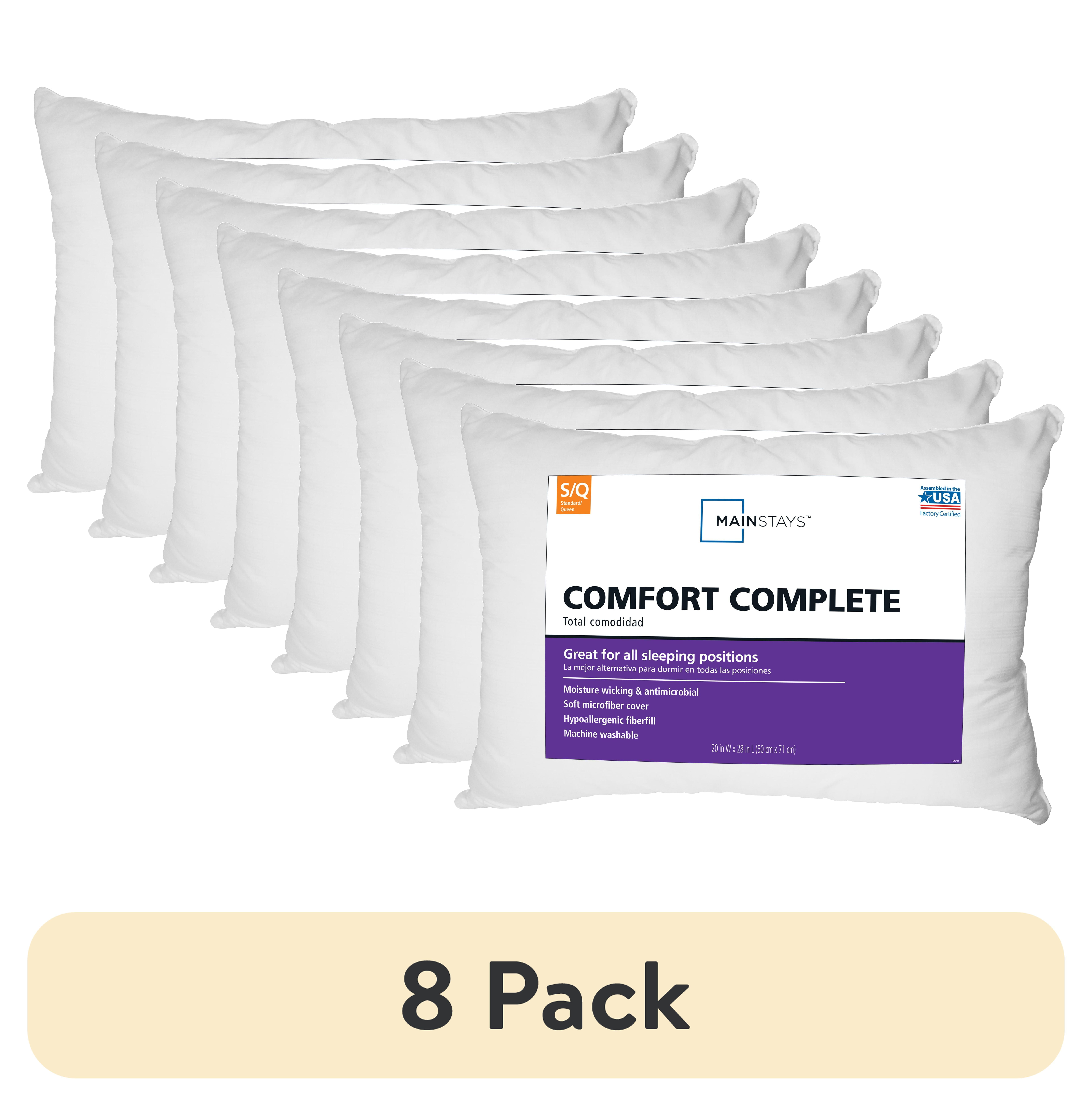 (8 pack) Mainstays Comfort Complete Bed Pillow, Standard/Queen, White- All Positions Antimicrobial