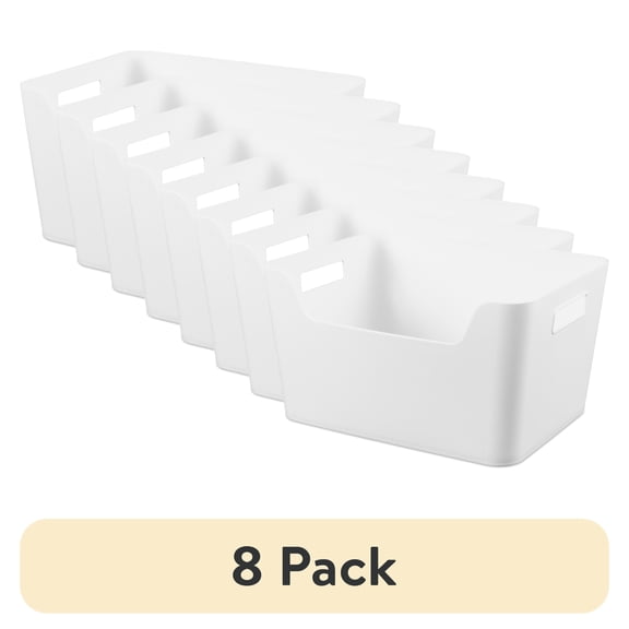 (8 pack) Mainstays Large Easy Access Bin, Versatile Open Plastic Storage Containers, Scoop Front, White