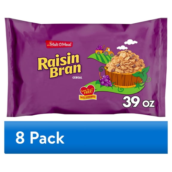 (8 pack) Malt-O-Meal Raisin Bran Cereal, Crunchy Family Size Breakfast Cereal, Crunchy39 oz Resealable Bag