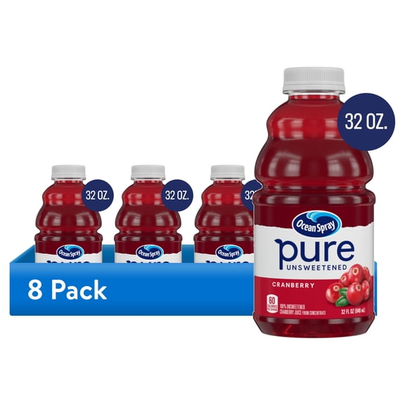 (8 pack) Ocean Spray Pure Unsweetened Cranberry, 100% Cranberry Juice, 32 fl oz Bottle