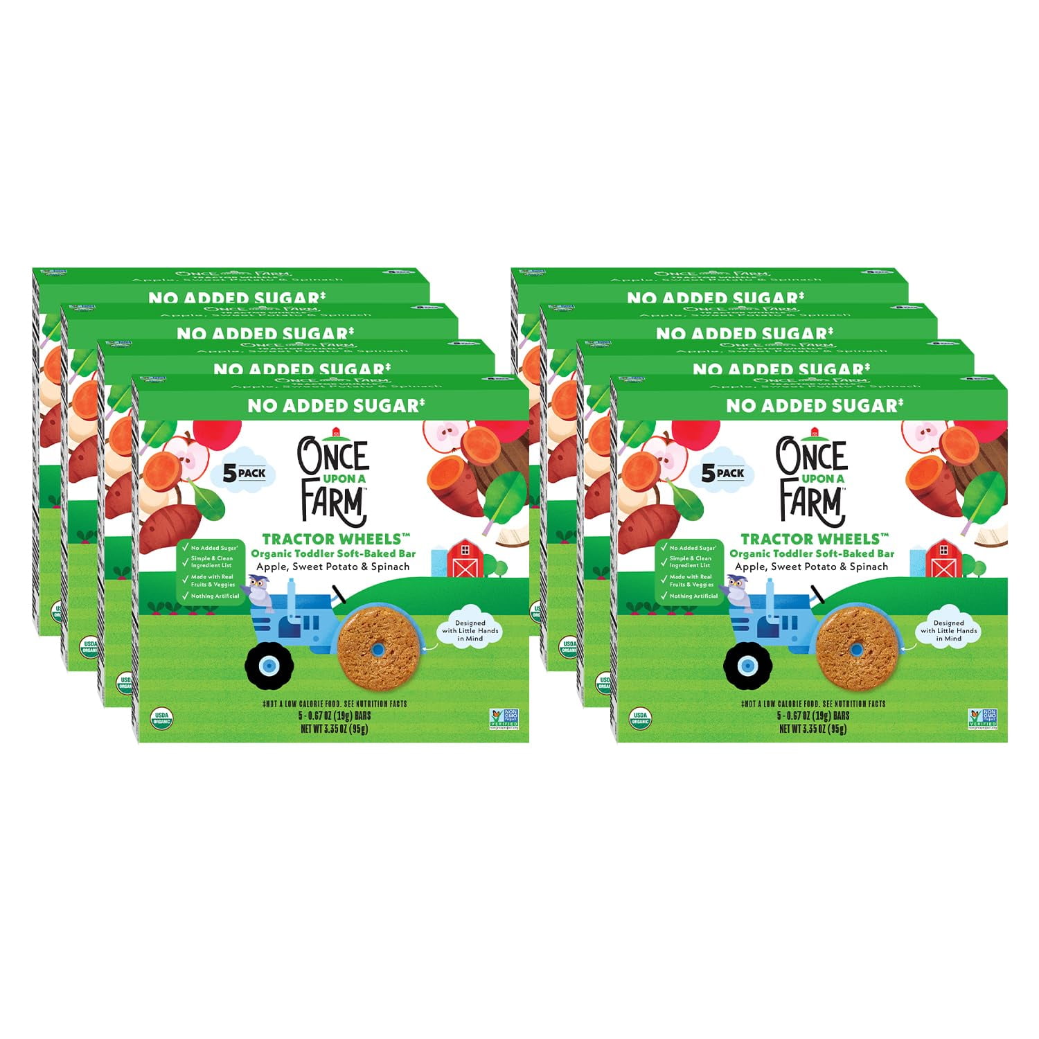 (8 pack) (8 pack) Once Upon a Farm Organic Tractor Wheels Toddler Bar, Apple, Sweet Potato & Spinach 5 Count