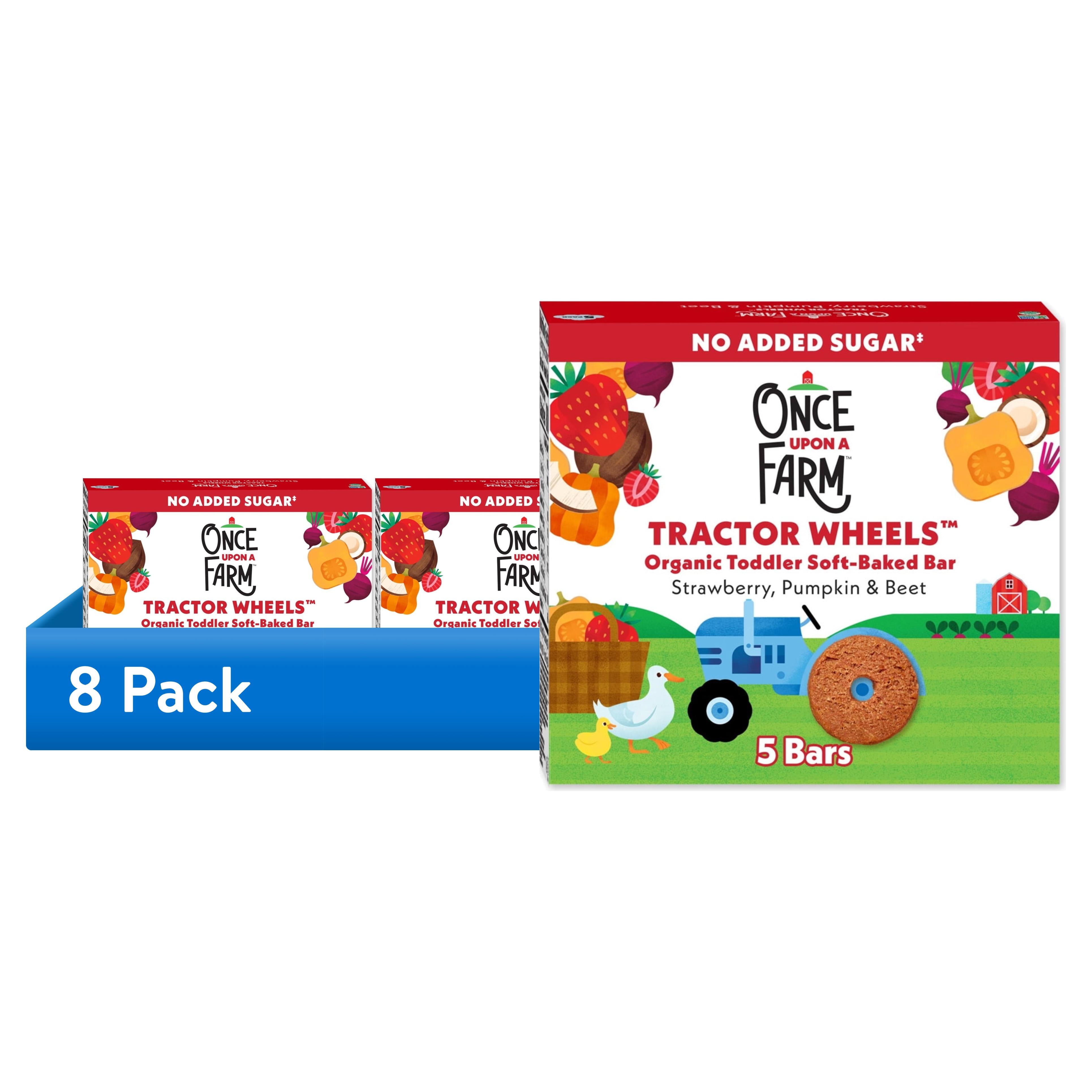 (8 pack) Once Upon a Farm Organic Tractor Wheels Toddler Bar, Strawberry, Pumpkin & Beet, 5ct