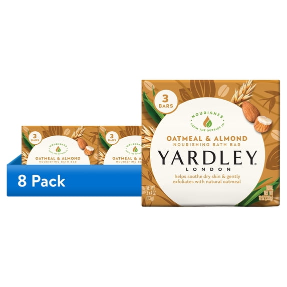 (8 pack) (Pack of 3) Yardley London Oatmeal & Almond Nourishing Bath Bar Soap, Body Soap Bars for All Skin Types, 4 oz