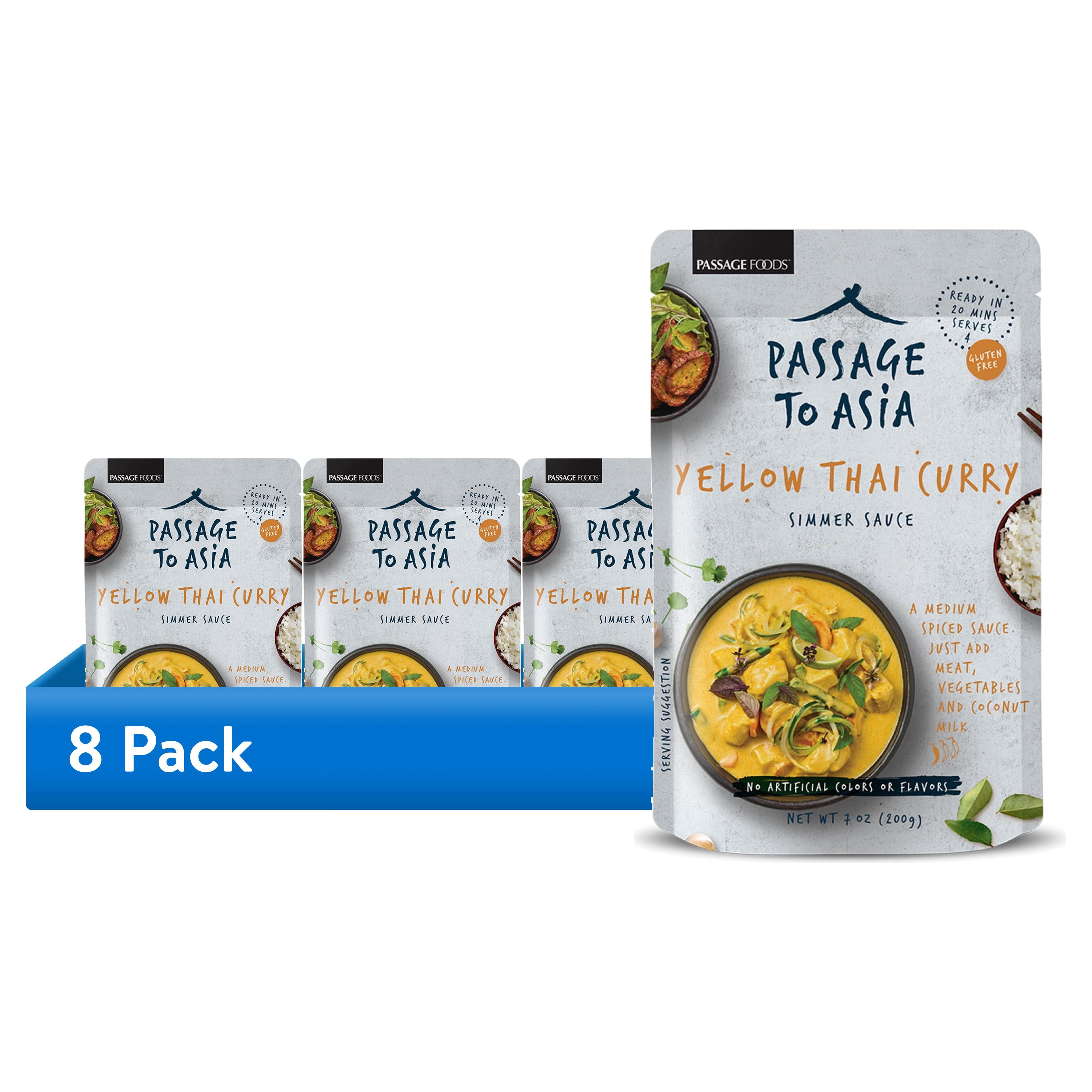 (8 pack) Passage to Asia Yellow Thai Curry Sauce, Mild Yellow Curry Stir Fry & Simmer Sauce, Just Add Coconut Milk, No Artificial Ingredients, Serves 4, 7 oz Pouch