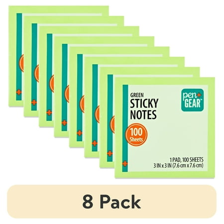 (8 pack) Pen+Gear Neon Green Sticky Notes Repositionable Adhesive, 3" x 3", 100 Sheets, 1 Pad, Green