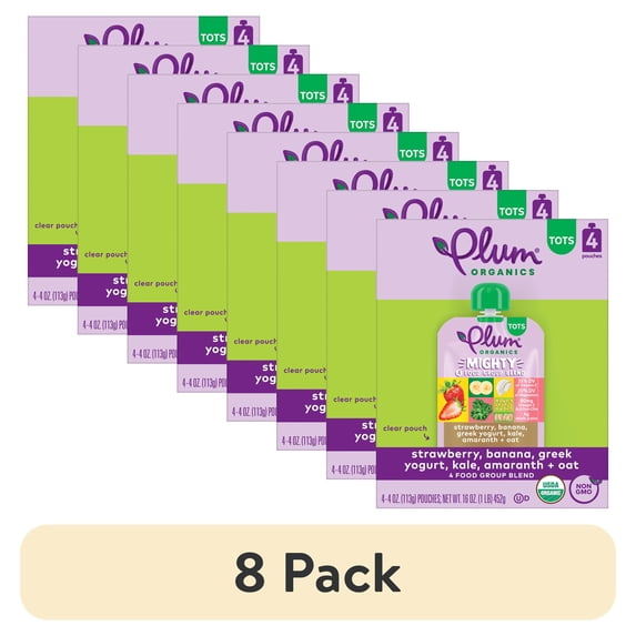 (8 pack) Plum Organics® Tots Mighty 4 Food Group Blend Strawberry, Banana, Greek Yogurt, Oat + Kale 4oz Pouch-4-Pack