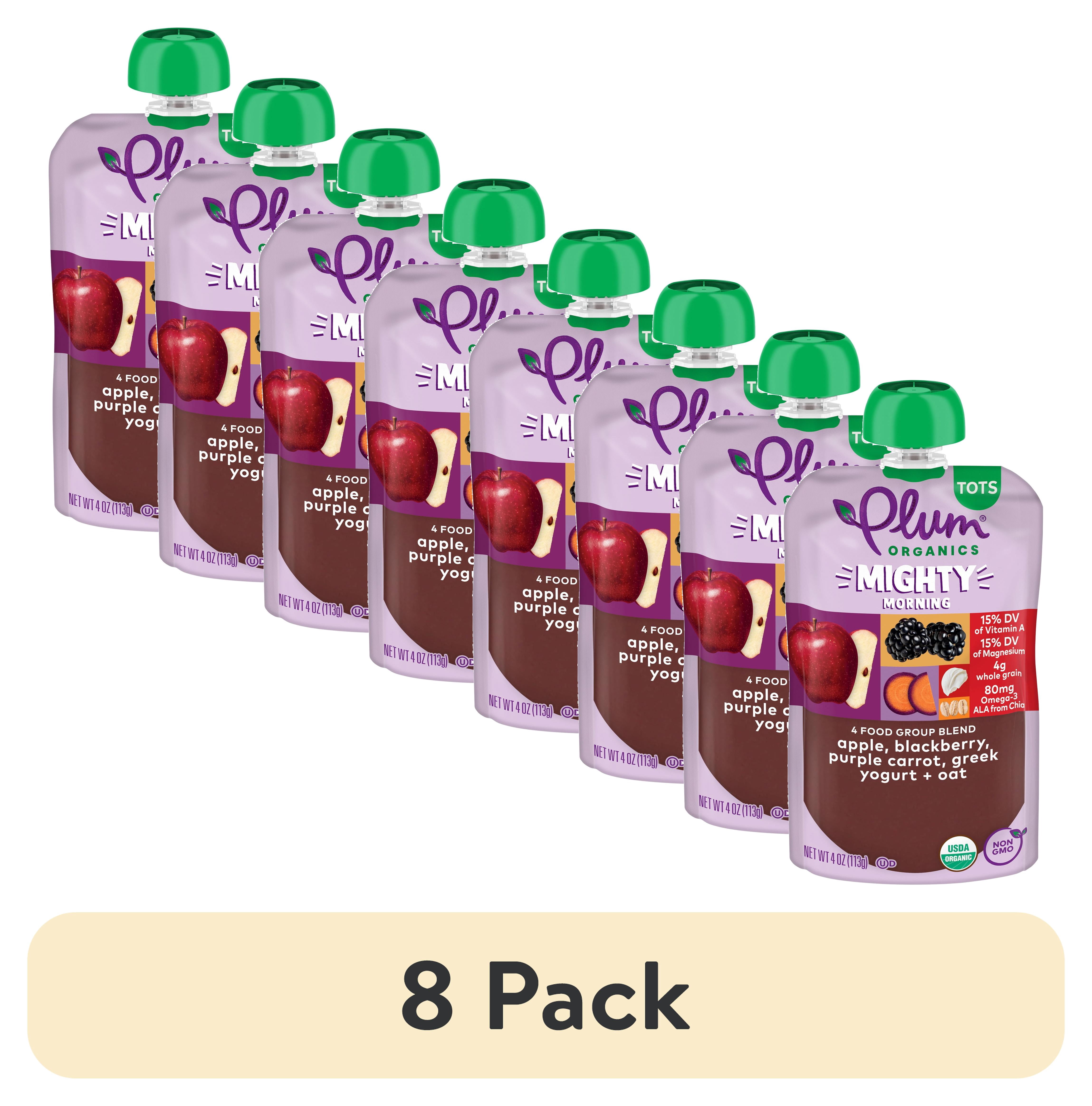 (8 pack) Plum Organics® Tots Mighty Morning 4 Food Group Blend Apple, Blackberry, Purple Carrot, Greek Yogurt + Oat 4oz Pouch