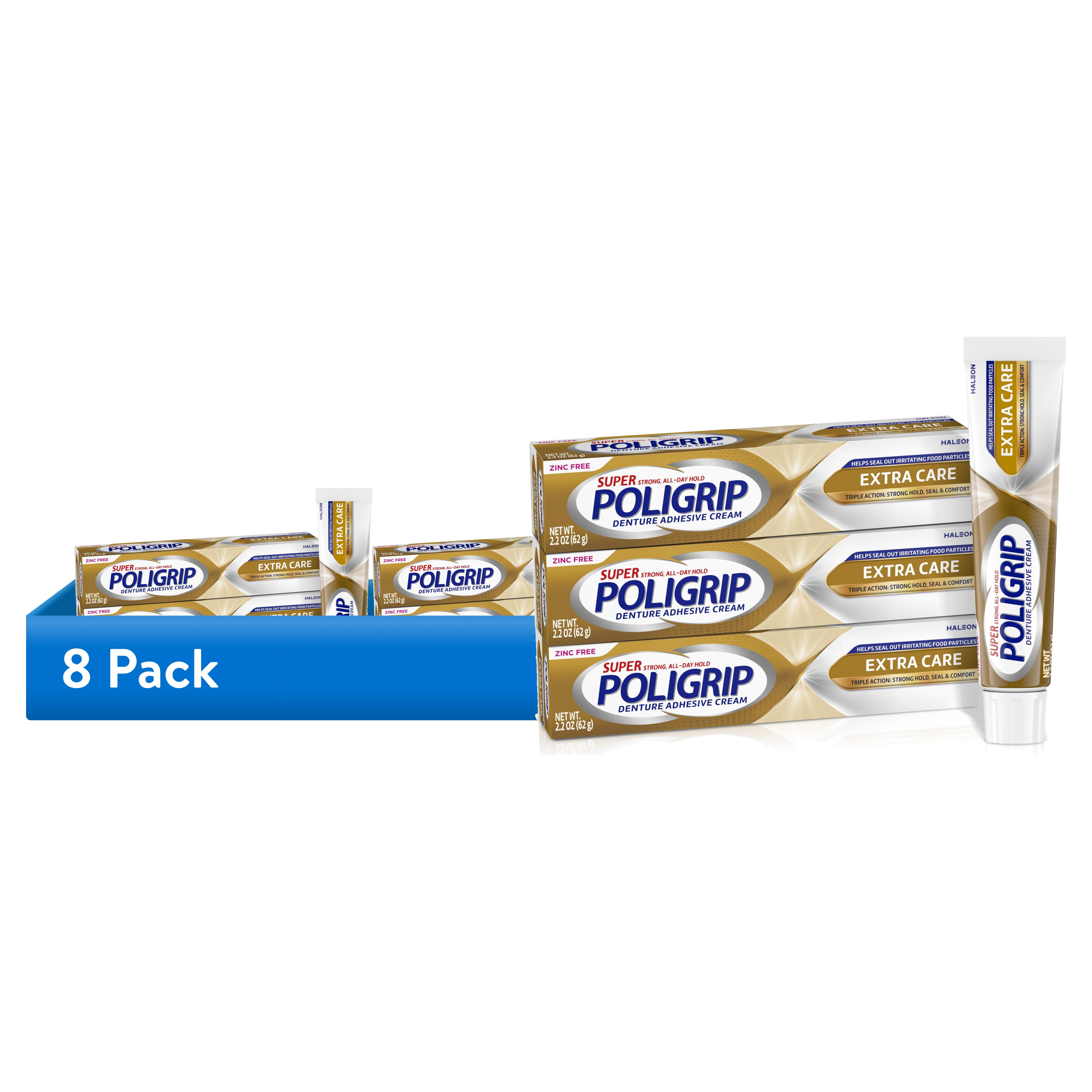 (8 pack) Poligrip Extra Care Denture Adhesive Cream, Flavor Free, Zinc Free - 2.2 Oz (3 Pack)