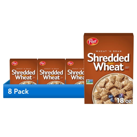 (8 pack) Post Wheat n Bran Shredded Wheat, High Fiber Breakfast Cereal, Certified Kosher, Crunchy 18 oz Box