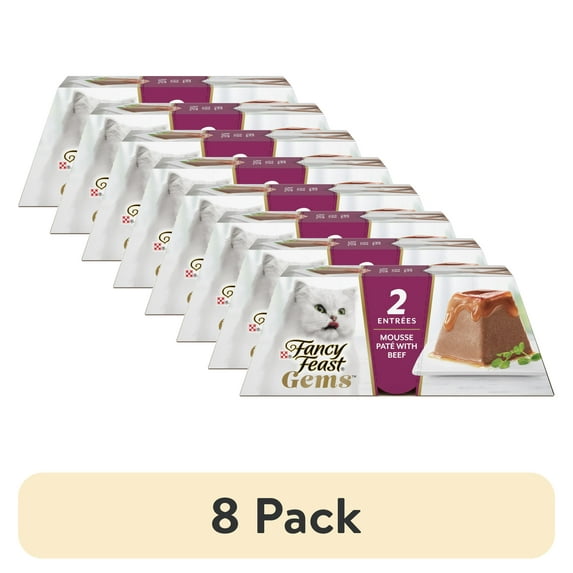 (8 pack) Purina Fancy Feast Gems Wet Cat Food Mousse Pate with Beef and Halo of Savory Gravy (2) 2 oz Tubs