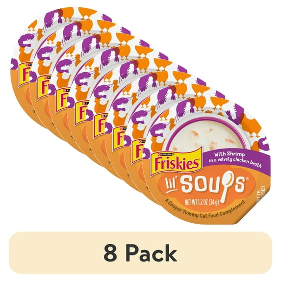 (8 pack) Purina Friskies Grain Free Lickable Cat Food Toppers Lil’ Soups with Shrimp in a Velvety Chicken Broth, 1.2 oz Cups