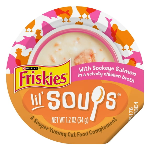 (8 pack) Purina Friskies Grain Free Lickable Cat Food Toppers Lil’ Soups With Sockeye Salmon in Chicken Broth, 1.2 oz Cups
