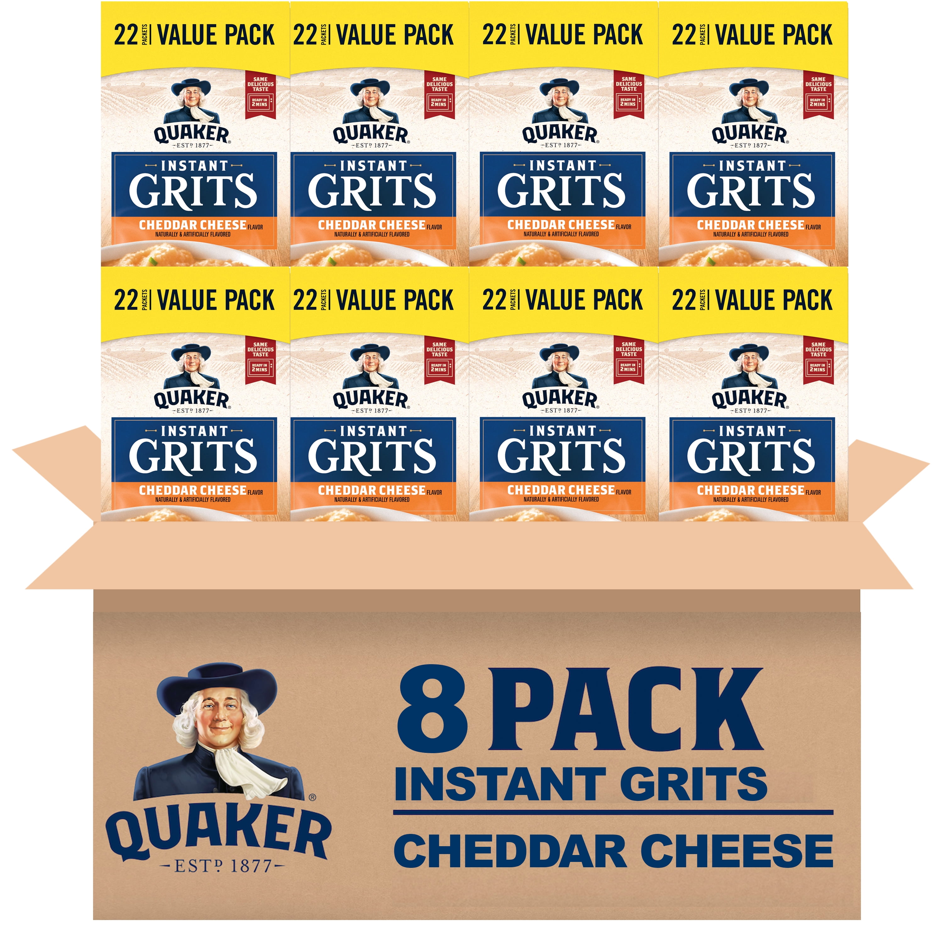 (8 pack) Quaker Instant Grits Cheddar Cheese Naturally Flavored, 0.98 oz 22 Count Box