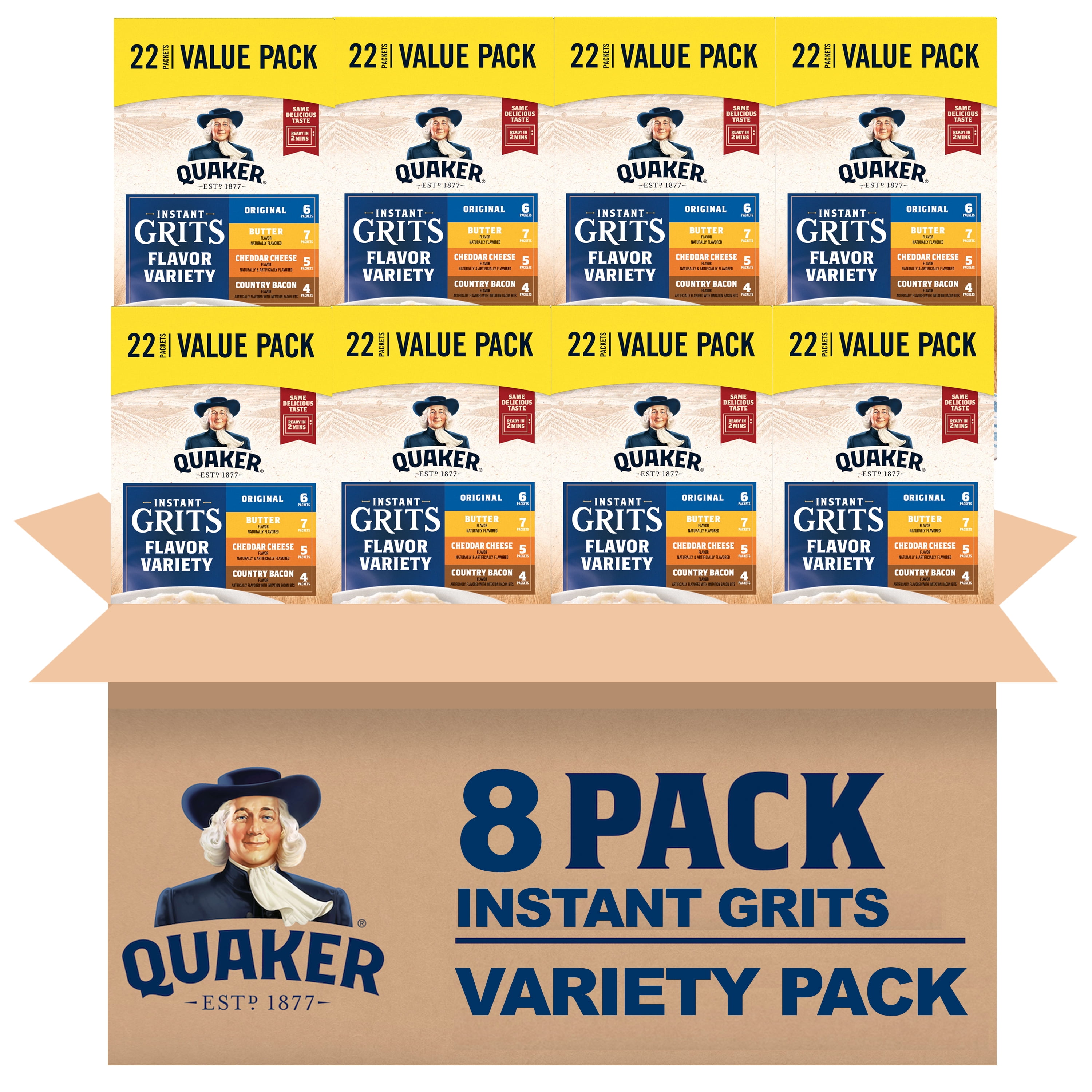 (8 pack) Quaker, Instant Grits Variety Pack, 0.98 oz, 22 Packets