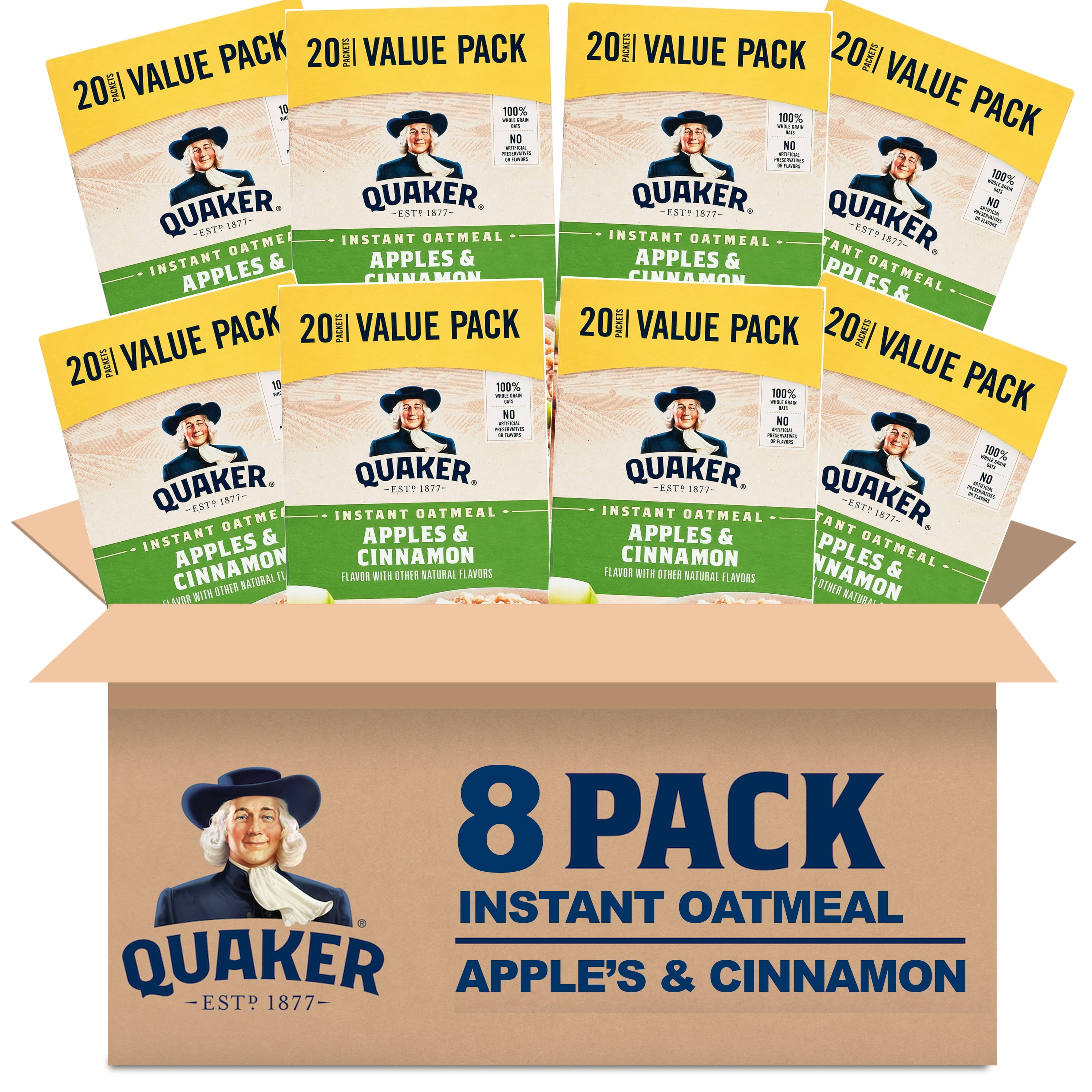 (8 pack) Quaker, Instant Oatmeal, Apple & Cinnamon, 1.51 oz, 20 Packets
