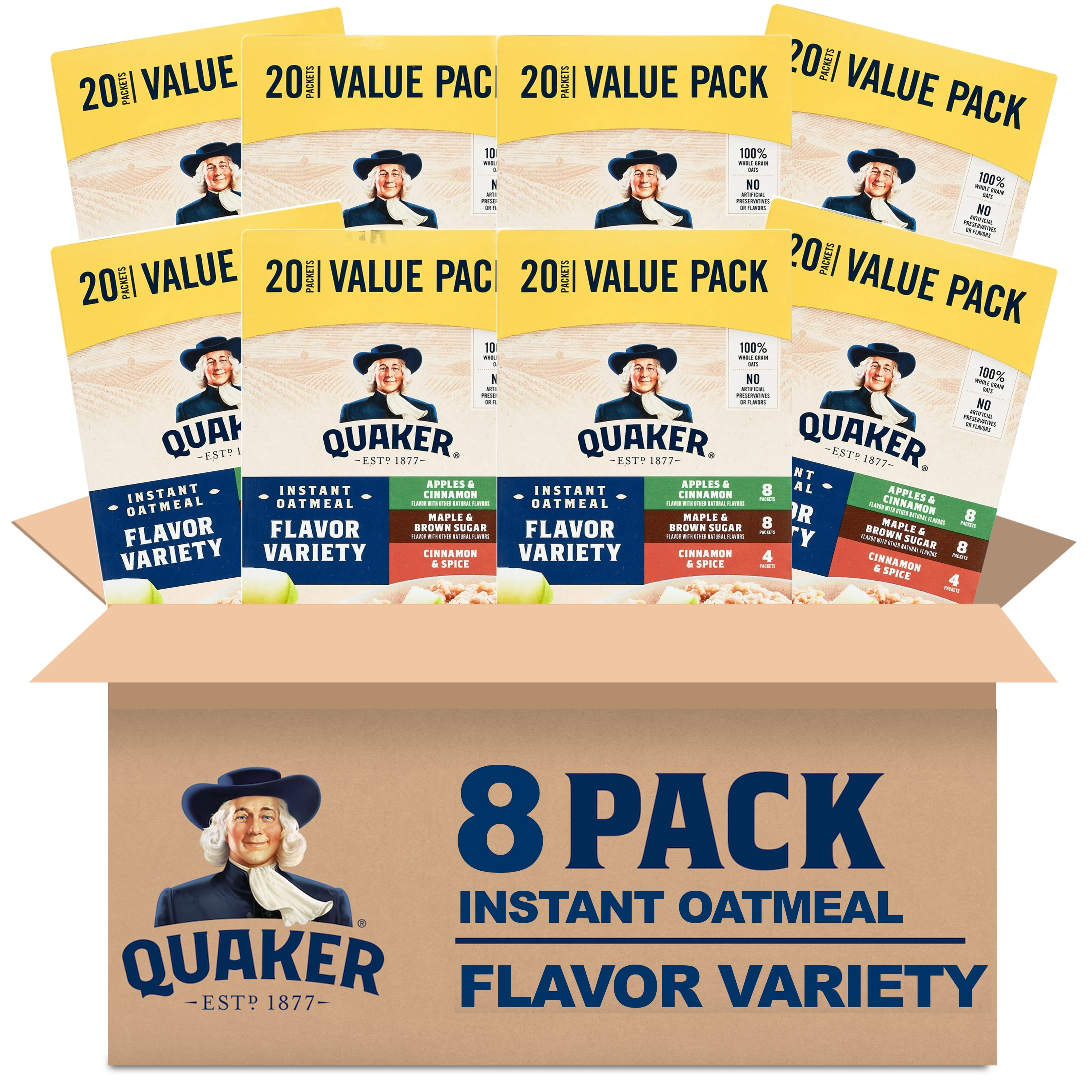 (8 pack) Quaker Instant Oatmeal, Flavor Variety Value Pack, 20 Packets (8 Apples & Cinnamon, 8 Maple & Brown Sugar, 4 Cinnamon Spice)