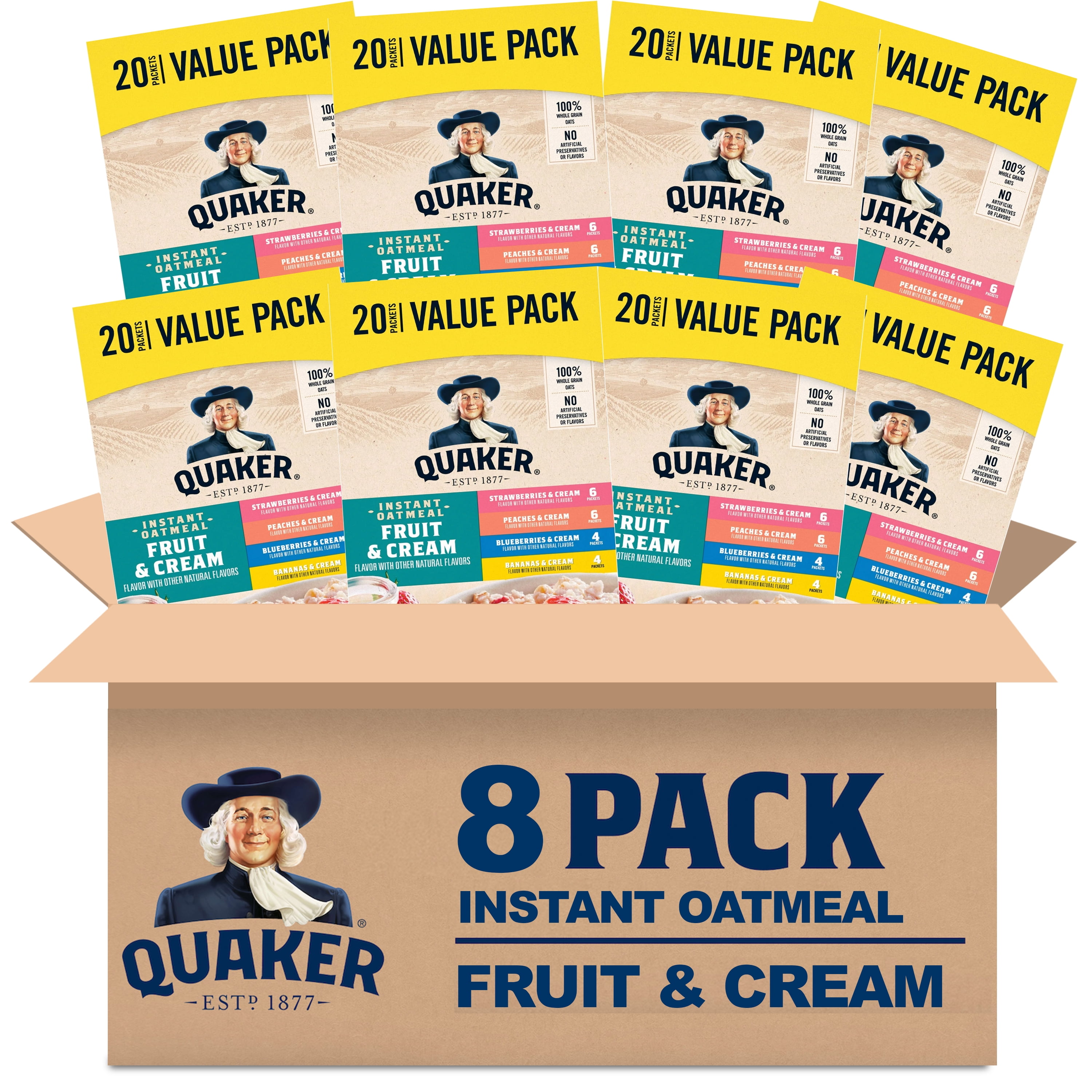 (8 pack) Quaker Instant Oatmeal, Fruit & Cream Variety Pack, 20 Packets