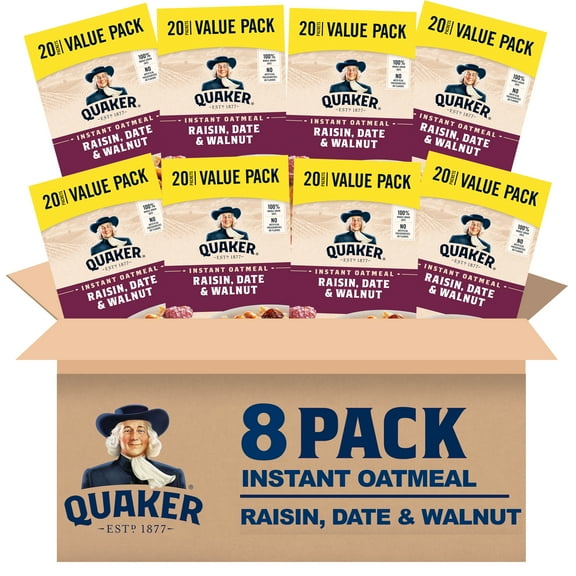(8 pack) Quaker, Instant Oatmeal, Raisin, Date & Walnut, 1.30 oz, 20 Packets