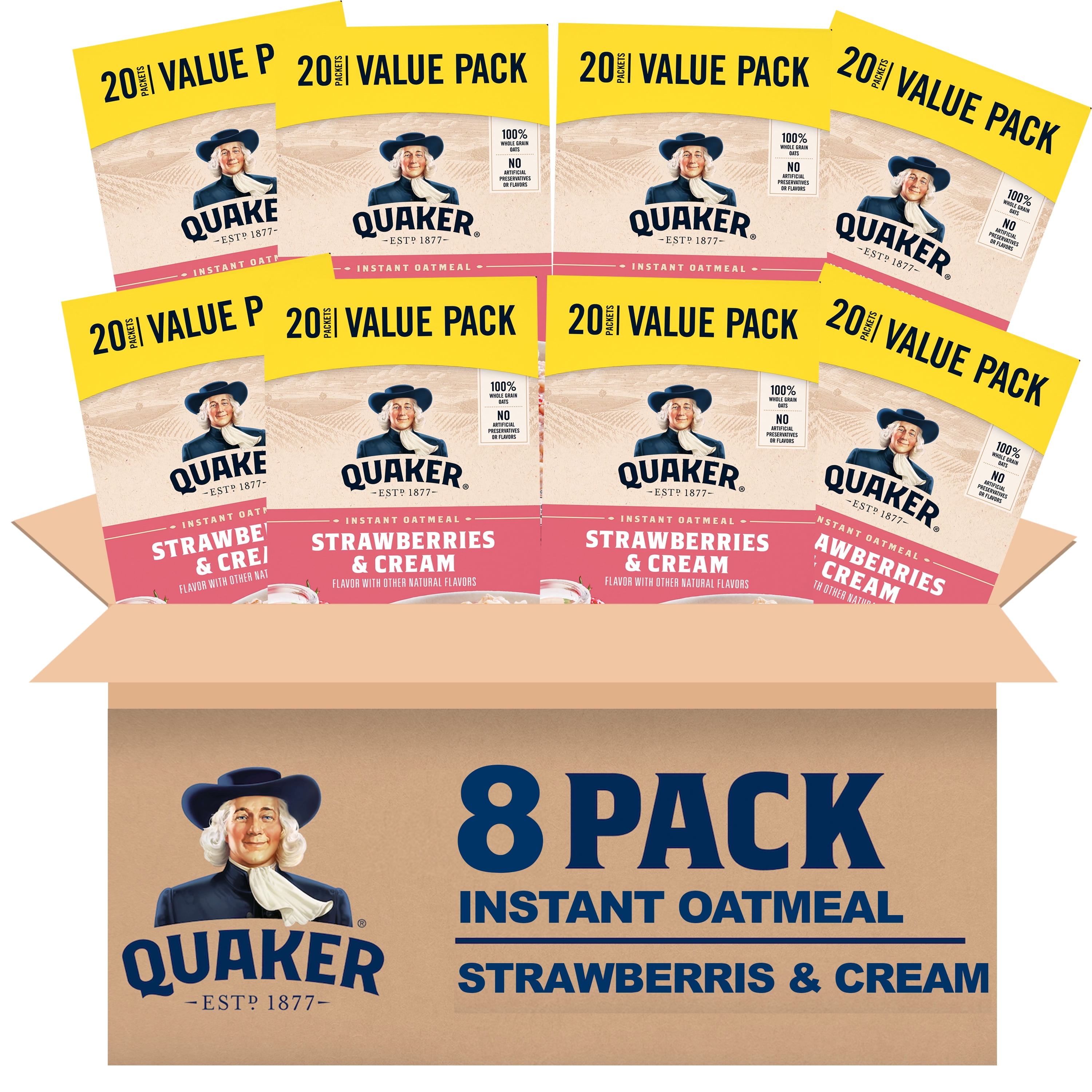 (8 pack) Quaker, Instant Oatmeal, Strawberry & Cream, 1.1 oz, 20 Packets