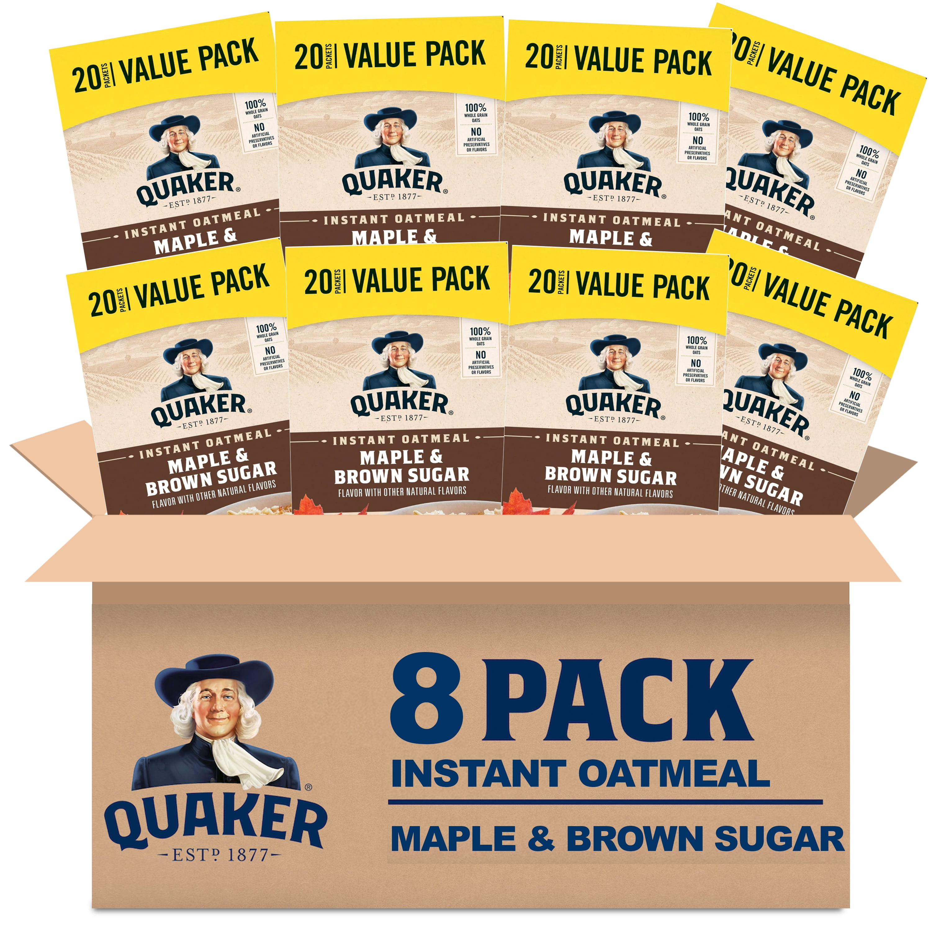 (8 pack) Quaker Maple & Brown Sugar Flavor Instant Oatmeal, 1.51 oz 20 Packets