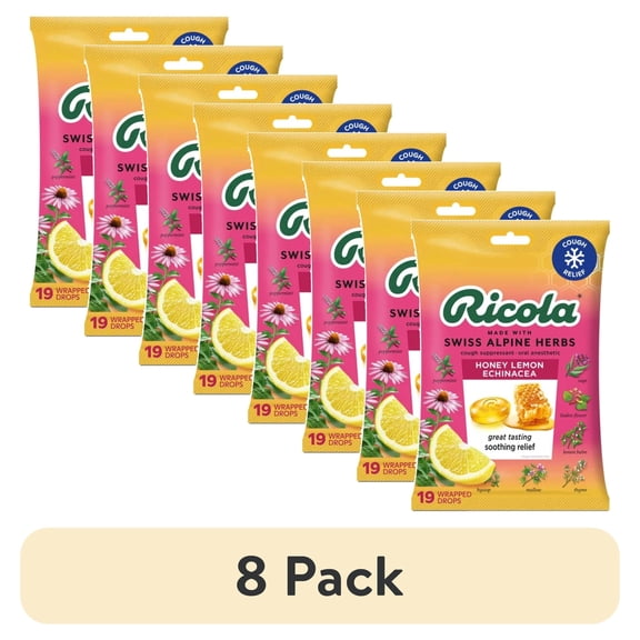 (8 pack) Ricola Honey Lemon with Echinacea Cough Drops for Sore Throat and Cough Relief, 19 Count