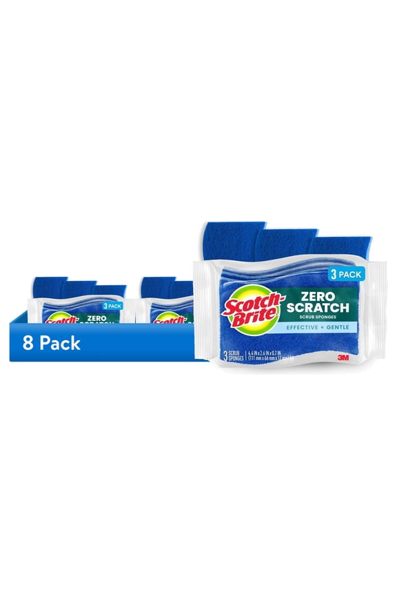 (8 pack) Scotch-Brite Zero Scratch, Non-Scratch, Cleaning Scrub Sponge, 3 Dish Sponges