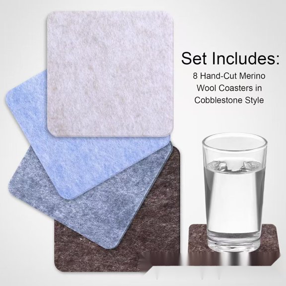 8 pack-Set of 8 Hand‑Cut Merino Wool Square Coasters, Cobblestone‑Style Absorbent Felt Cup Mats for Drinks