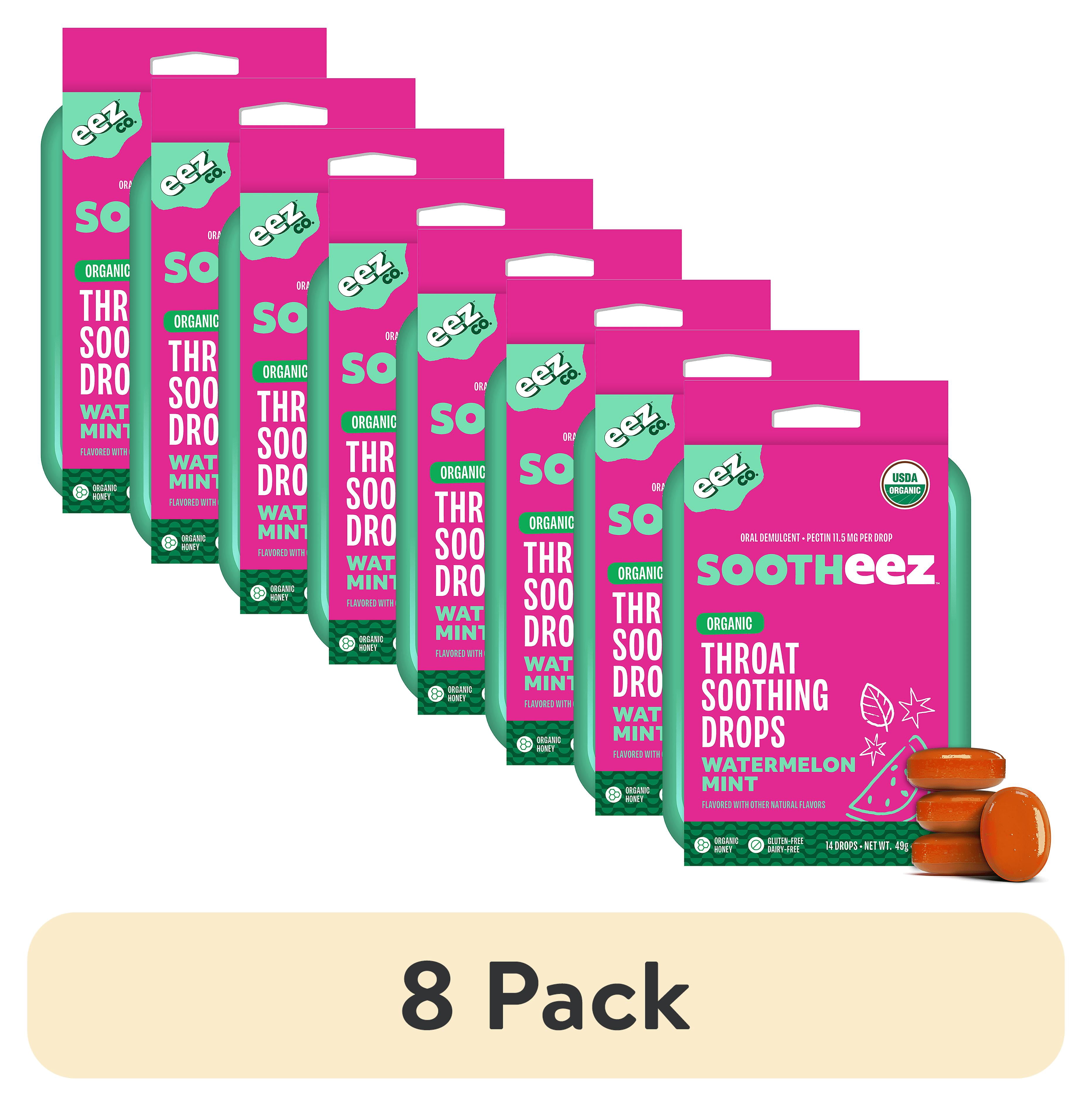 (8 pack) Sootheez by EEZ Co. Organic Throat Soothing Drops, Watermelon Mint, 14ct