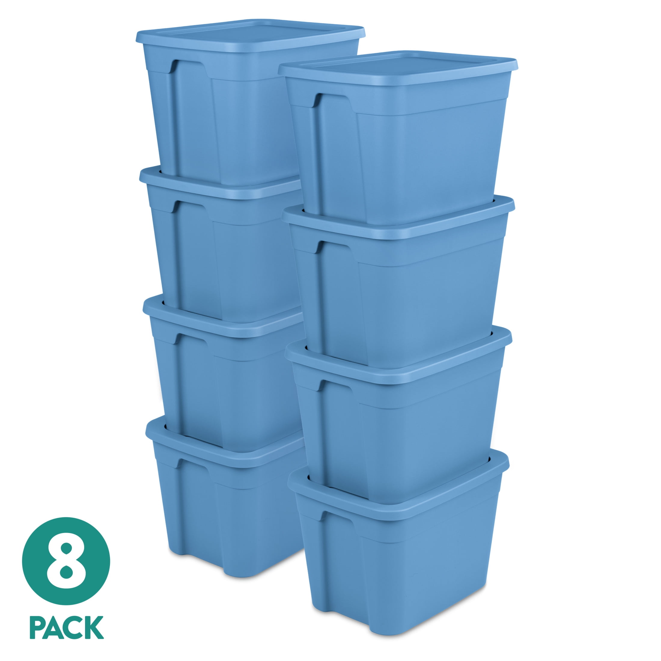 (8 pack) Sterilite 18 Gallon Tote, Plastic Storage Bin with Snap-on Lid, Stackable, Blue