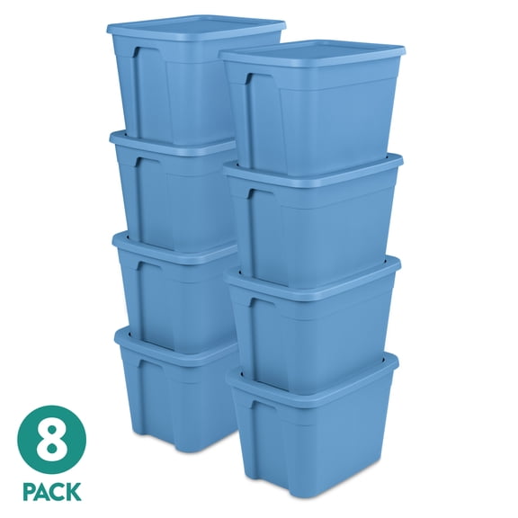 (8 pack) Sterilite 18 Gallon Tote, Plastic Storage Bin with Snap-on Lid, Stackable, Blue