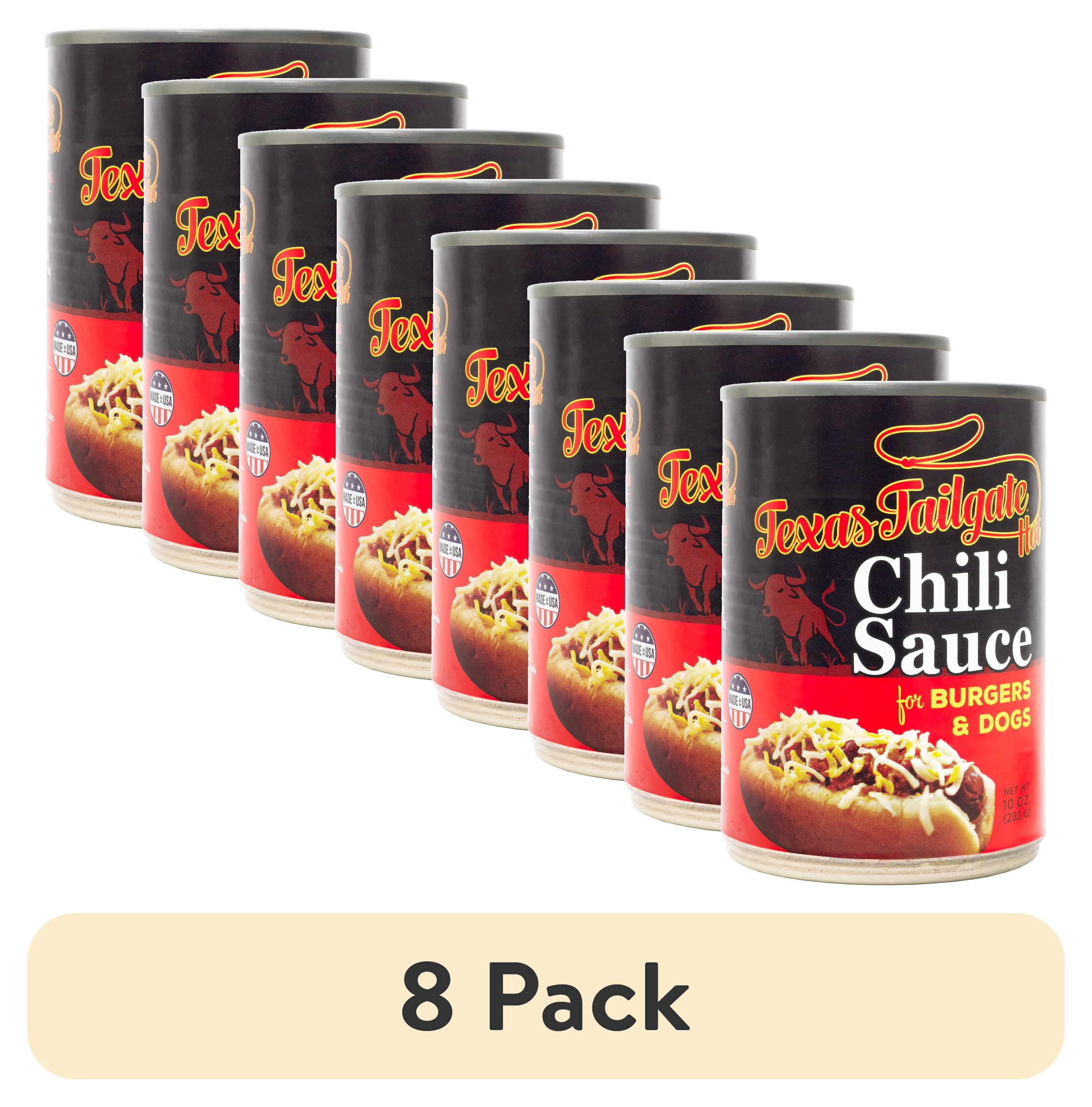 (8 pack) Texas Tailgate Hot Chili Sauce for Burgers & Dogs, 10 oz Can – Tailgate-Ready Topping