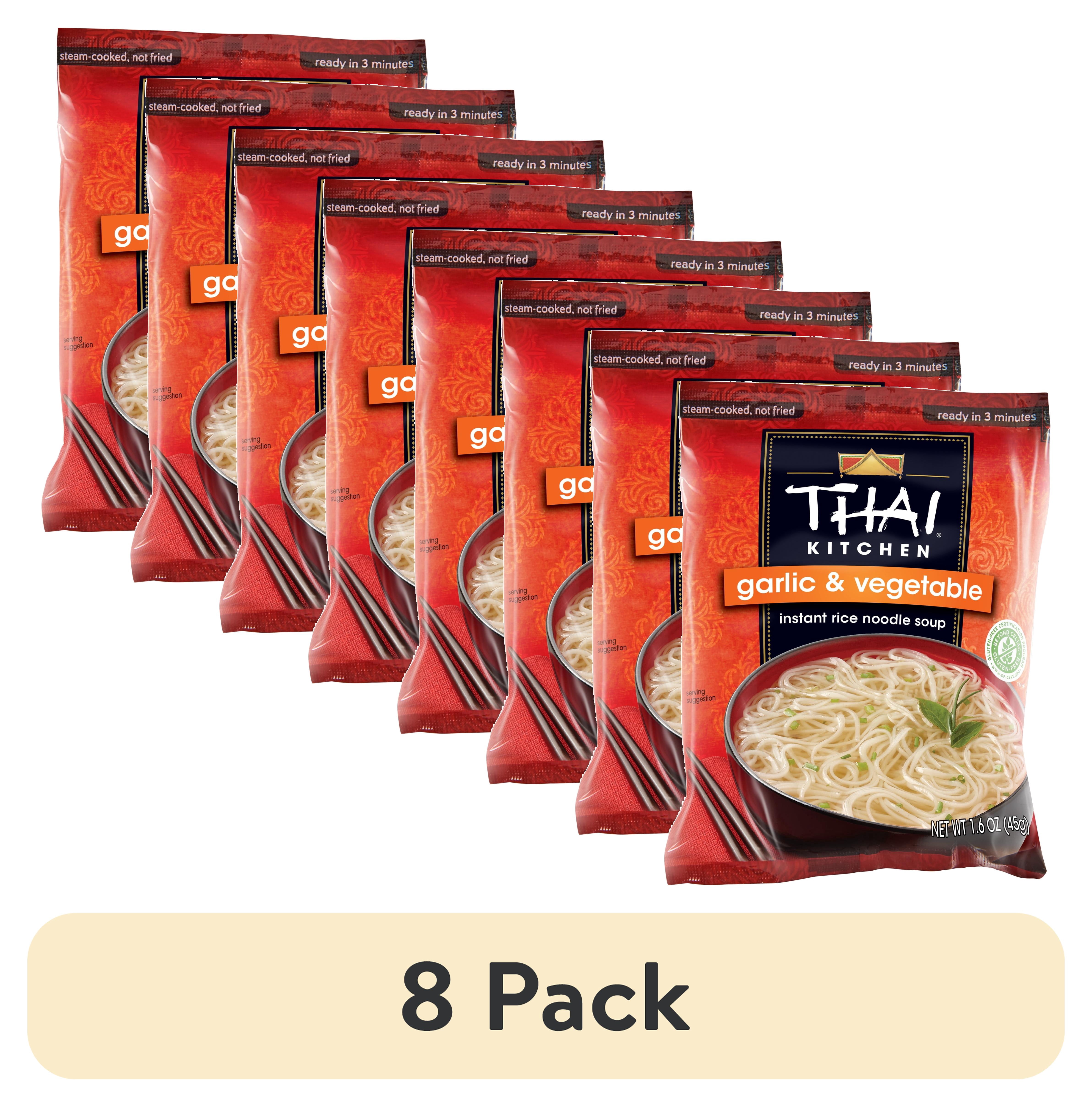 (8 pack) Thai Kitchen Gluten Free Garlic & Vegetable Instant Rice Noodle Soup, 1.6 oz Bag