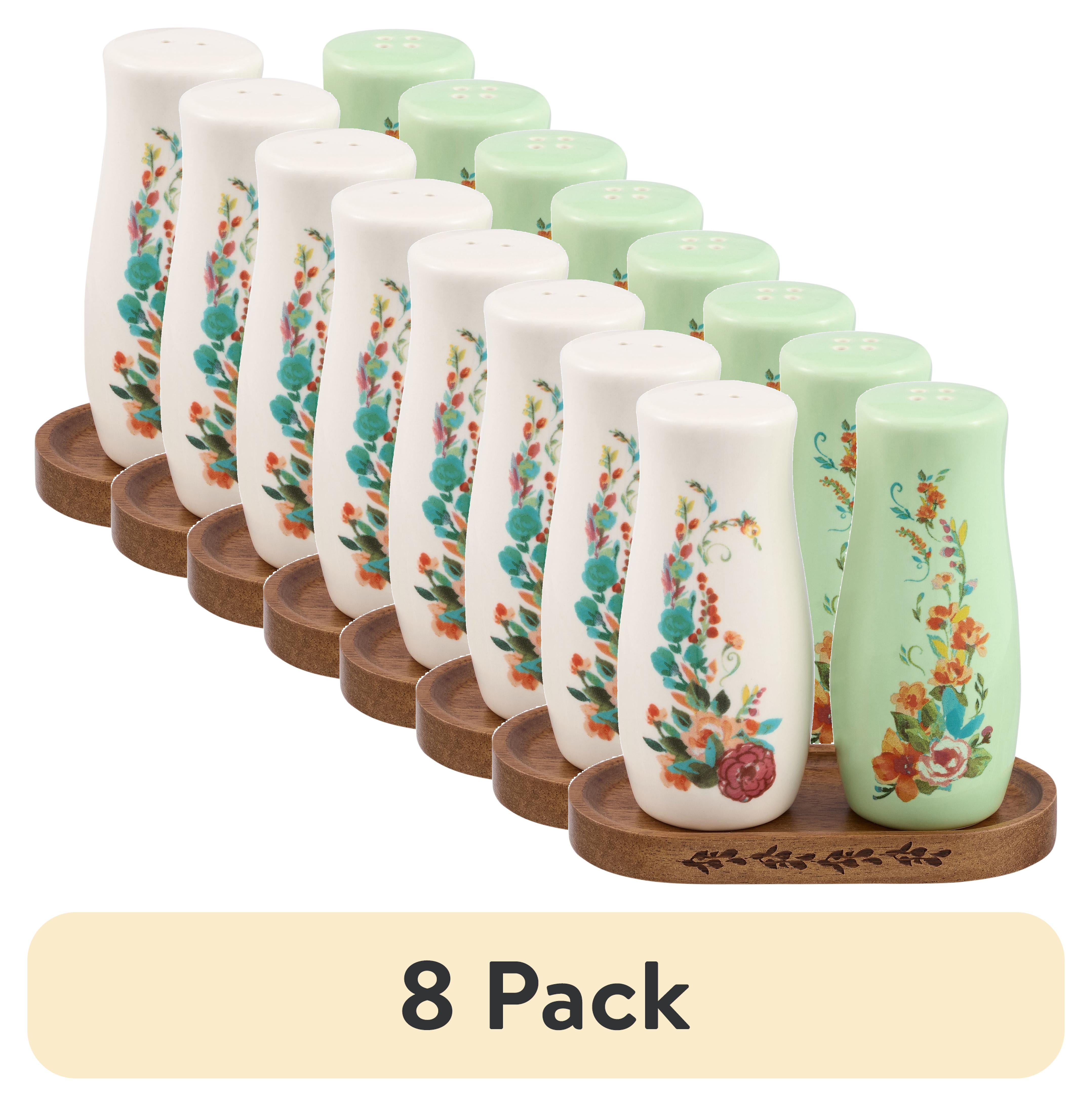 (8 pack) The Pioneer Woman Ceramic Painted Meadow 3 Pieces Salt & Pepper Shakers with Acacia Wood Tray Set, Made for Seasoning Storage and Serving