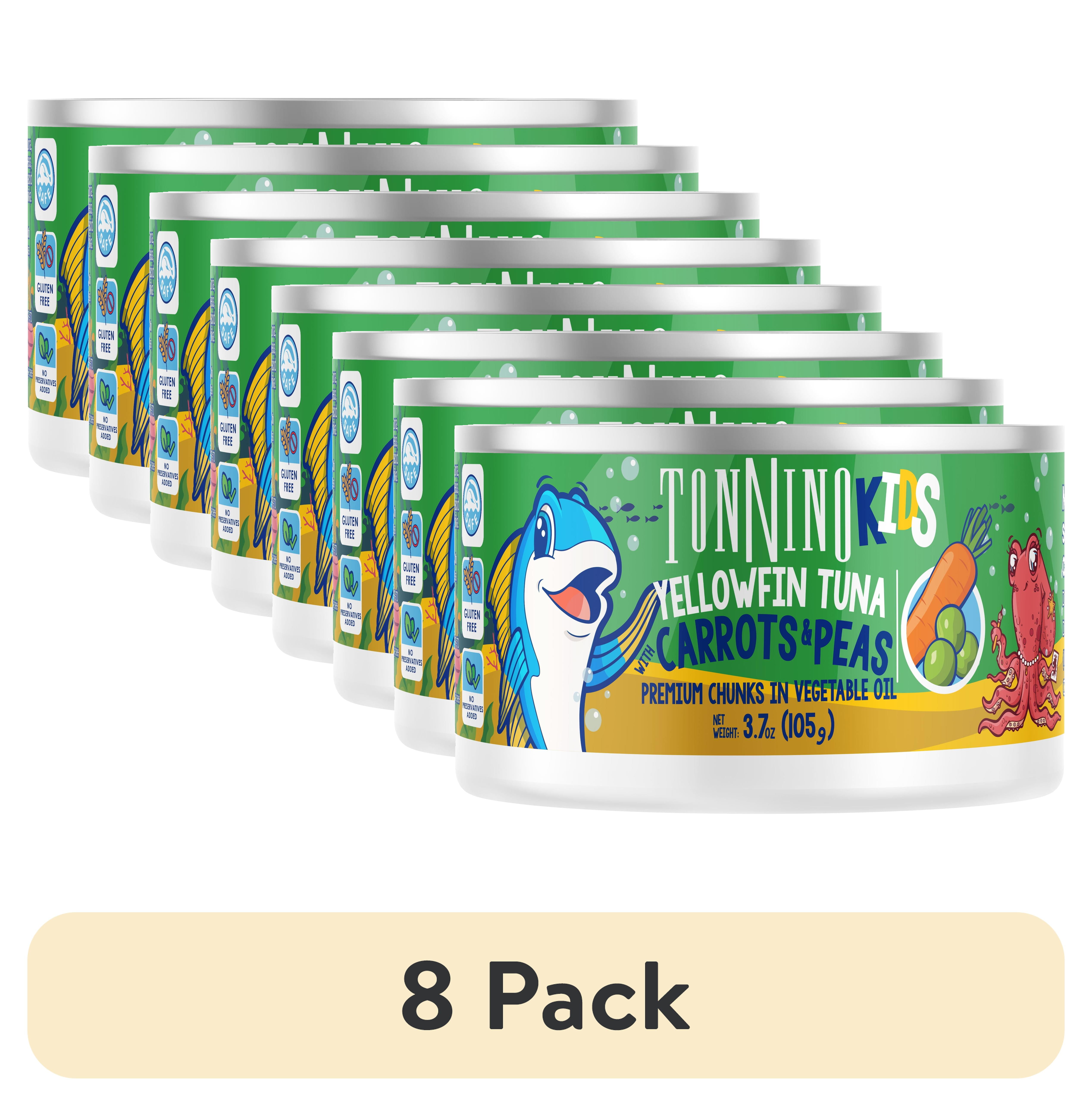 (8 pack) Tonnino Premium Yellowfin Tuna chunks with carrots and peas in vegetable oil, 3.7 oz, Can, Wild Caught