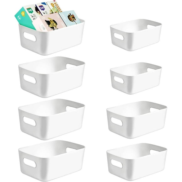 8-pack White Plastic Storage Basket,Bins for Organization and Storage for Versatile Home Edit Containers,11 inch Cube Storage Boxes for Office Kitchen Bathroom (3size small Medium large)