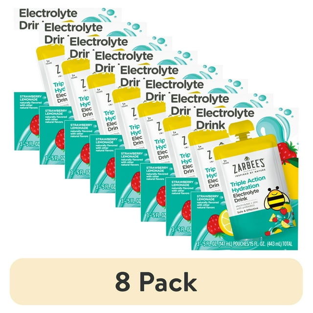 (8 pack) Zarbee's Kids Triple Action Hydration Electrolyte Drink, Strawberry Lemonade, 3pk, 5 oz, Pouches