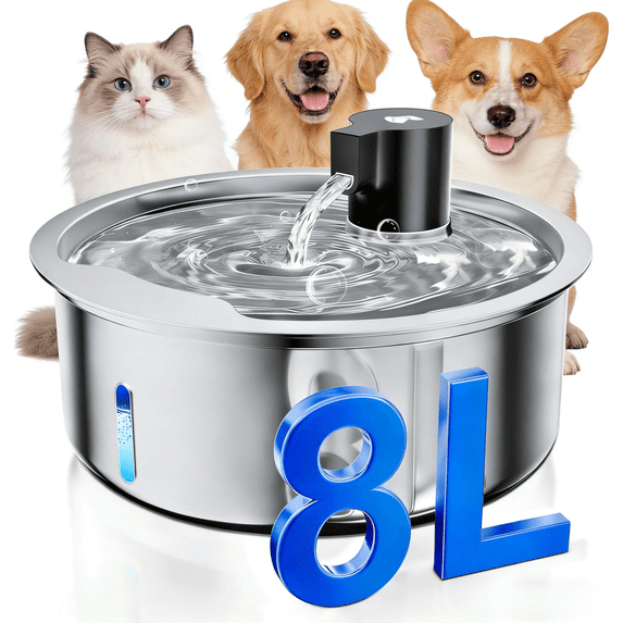 Large 8L Stainless Steel Pet Water Fountain for Cats & Dogs, Automatic Water Dispenser for Multi-Pet Homes, Quiet, Easy to Clean