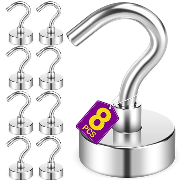 8-pack silver magnetic hooks (30lb capacity) heavy-duty neodymium magnets for cruise cabins. Hang towels, curtains, utensils & home supplies. Fridge organizer & cruise essential