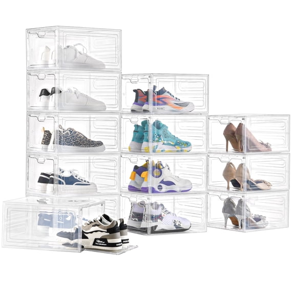 VOZOGO 12PCS Stackable Shoe Organizer, Closet Organizers and Storage, Side Open Shoe Box with Magnetic Door, Clear Plastic Shoe Storage Organizer, Stackable Storage Bins, Display Case for Shoes