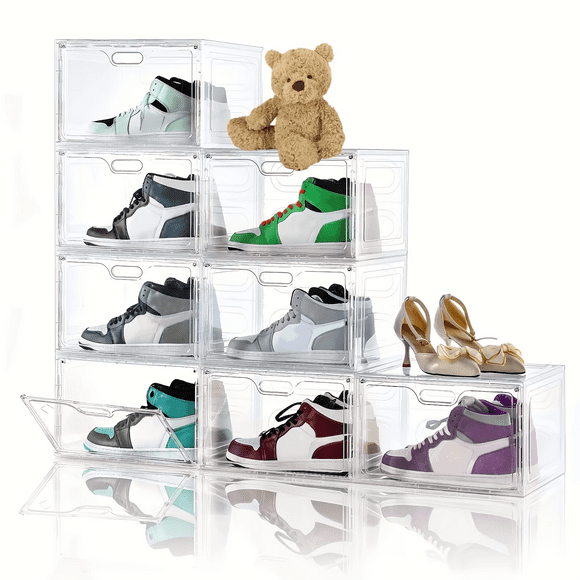 8 pack stackable shoe organizer, closet organizers and storage, side open shoe box with magnetic door, clear plastic shoe storage organizer, stackable storage bins, display case for shoes, bags