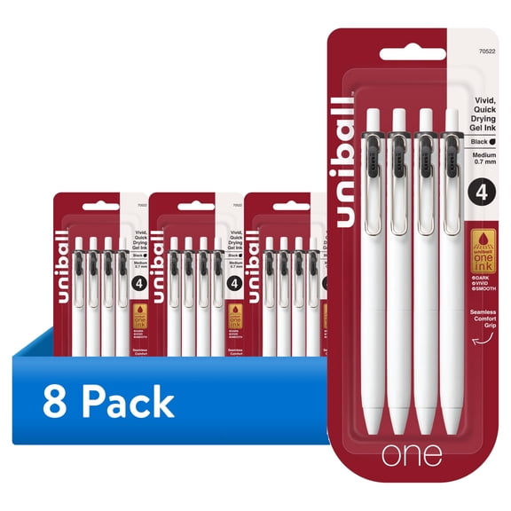 (8 pack) uniball One Retractable Gel Pens, Medium Point (0.7mm), Black Ink, 4 Count