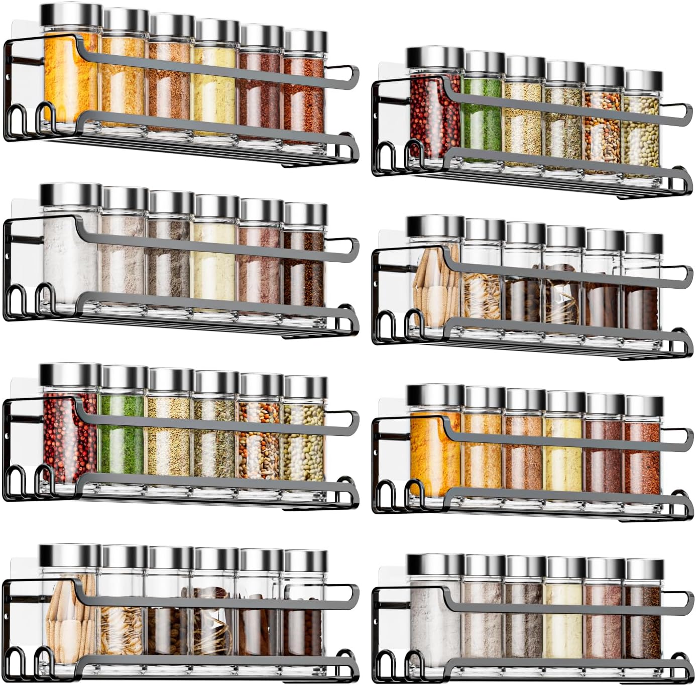 **8 pack wall mounted spice rack with 16 hooks, spice organizer shelf ...