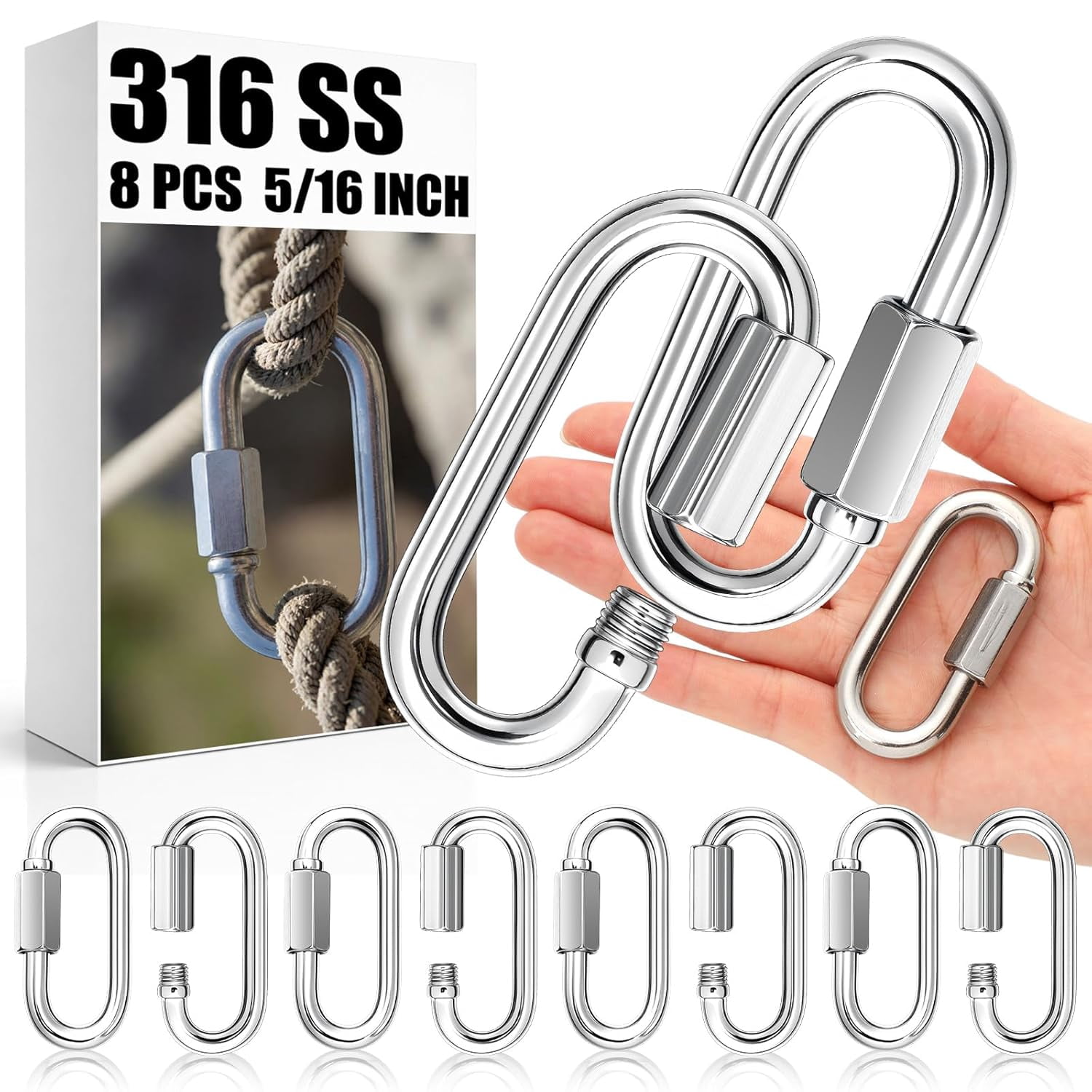 8 packs of 316 stainless steel heavy duty quick link type locking chain connectors, 875-2300 pound working load, ship grade safety chain, suitable for trailers, camping, industrial use (5/16 inch)