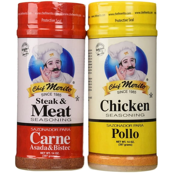 [8 packs] Carne Asada Chef Merito Beef and Chicken Seasoning Combo Pack 14oz (4 x Carne Asada & Bistee / 4 x Pollo)