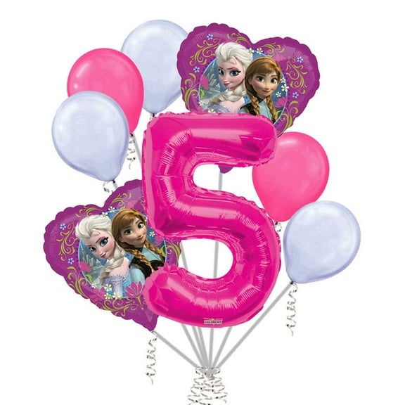 8 pc Disney Frozen Heart Balloon Bouquet 5th Birthday Party Decoration Elsa Anna Birthday